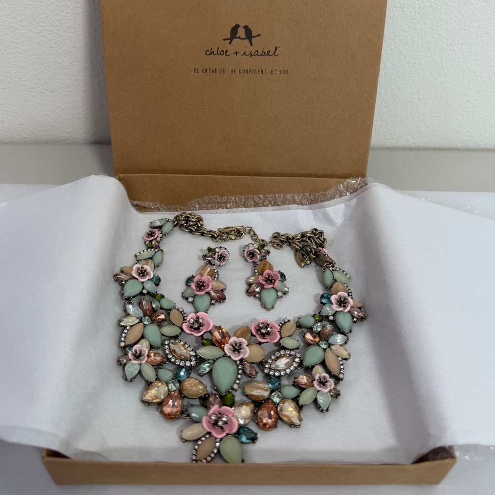 Chloe + Isabel Statement Jewelry Set Women OS Pink Green Floral Bib Necklace Set